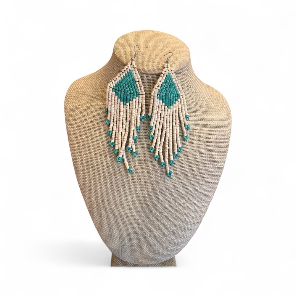 Boho Beaded Earrings in Teal and Cream